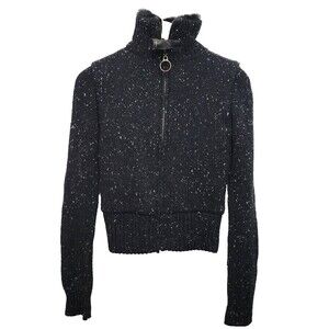 52 Weekends Chunky Flecked Wool Cardigan Faux Fur Lining Black White Size S